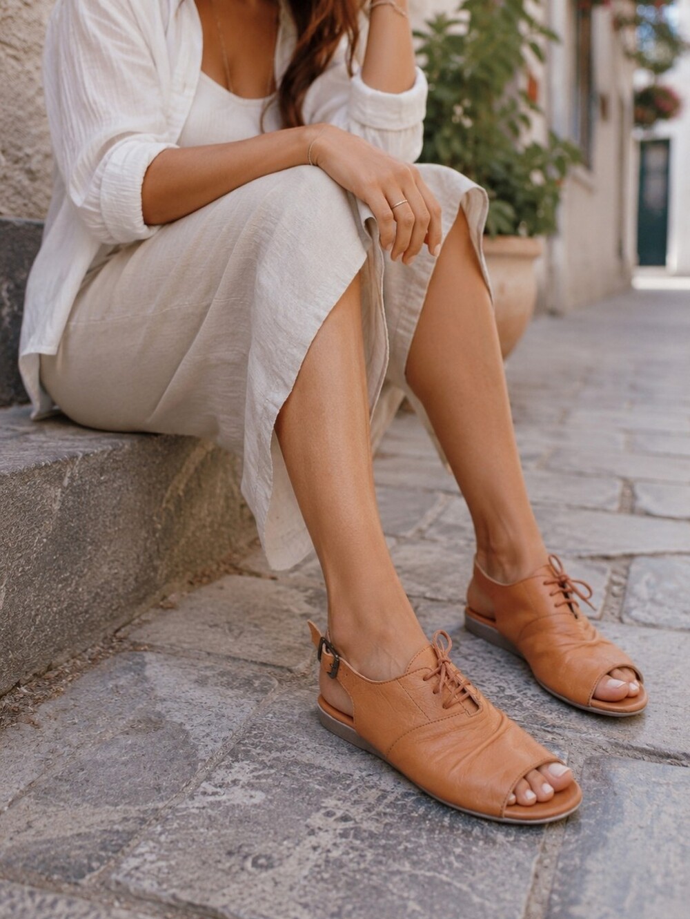 Roamers By Ego-Trip Tan Leather Comfort Sandals | Lace-Up Slingback Boho